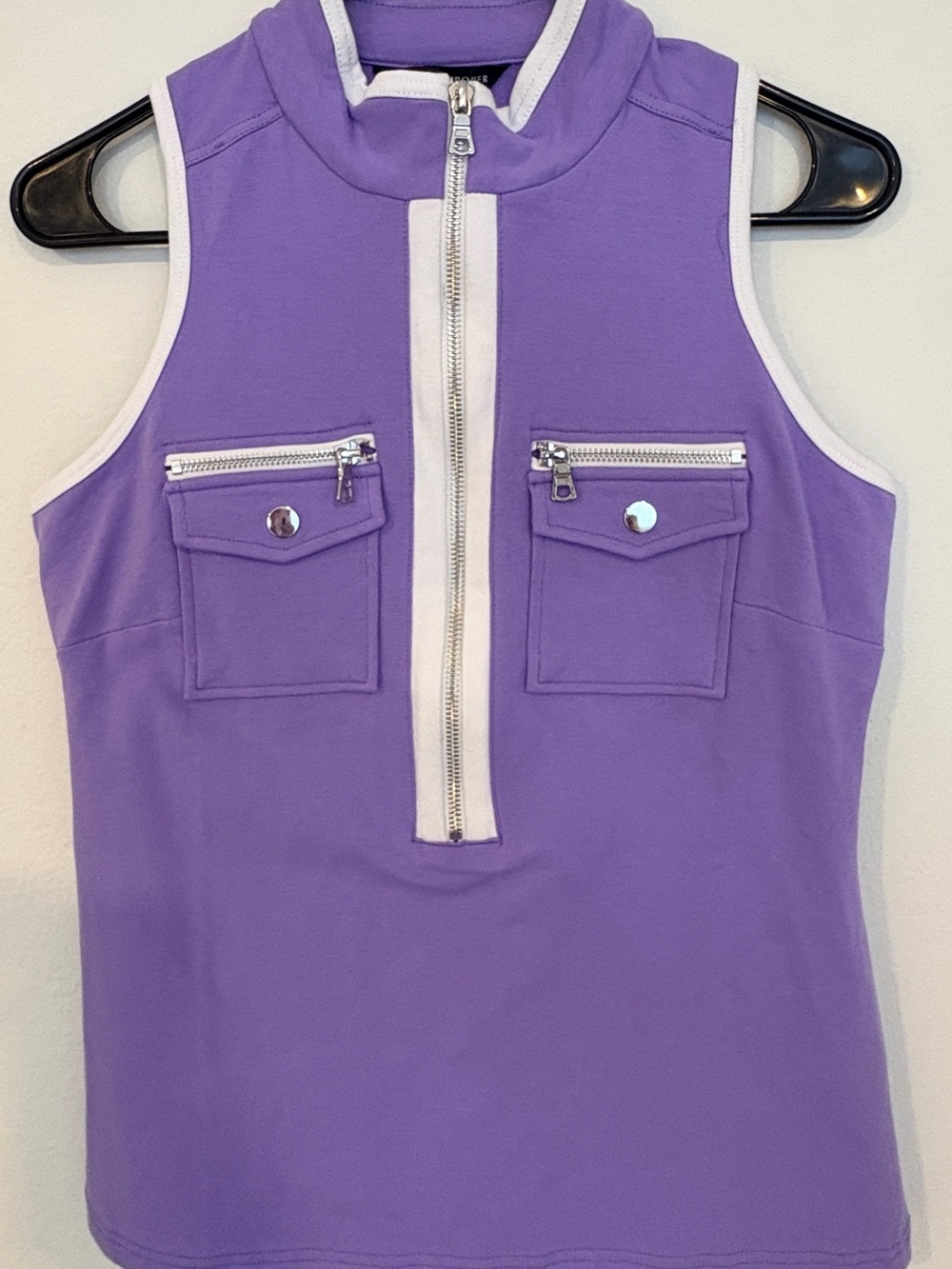 Boston Proper Purple Sleeveless Zip-Front Tank with White Trim